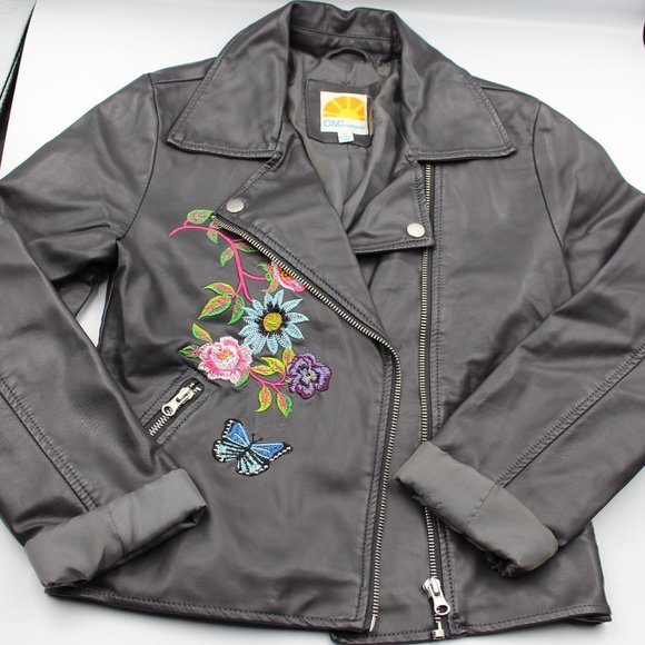 C&C California Dark Grey Embroidered Faux Leather Girls Biker Jacket Size 12 - Picture 2 of 11